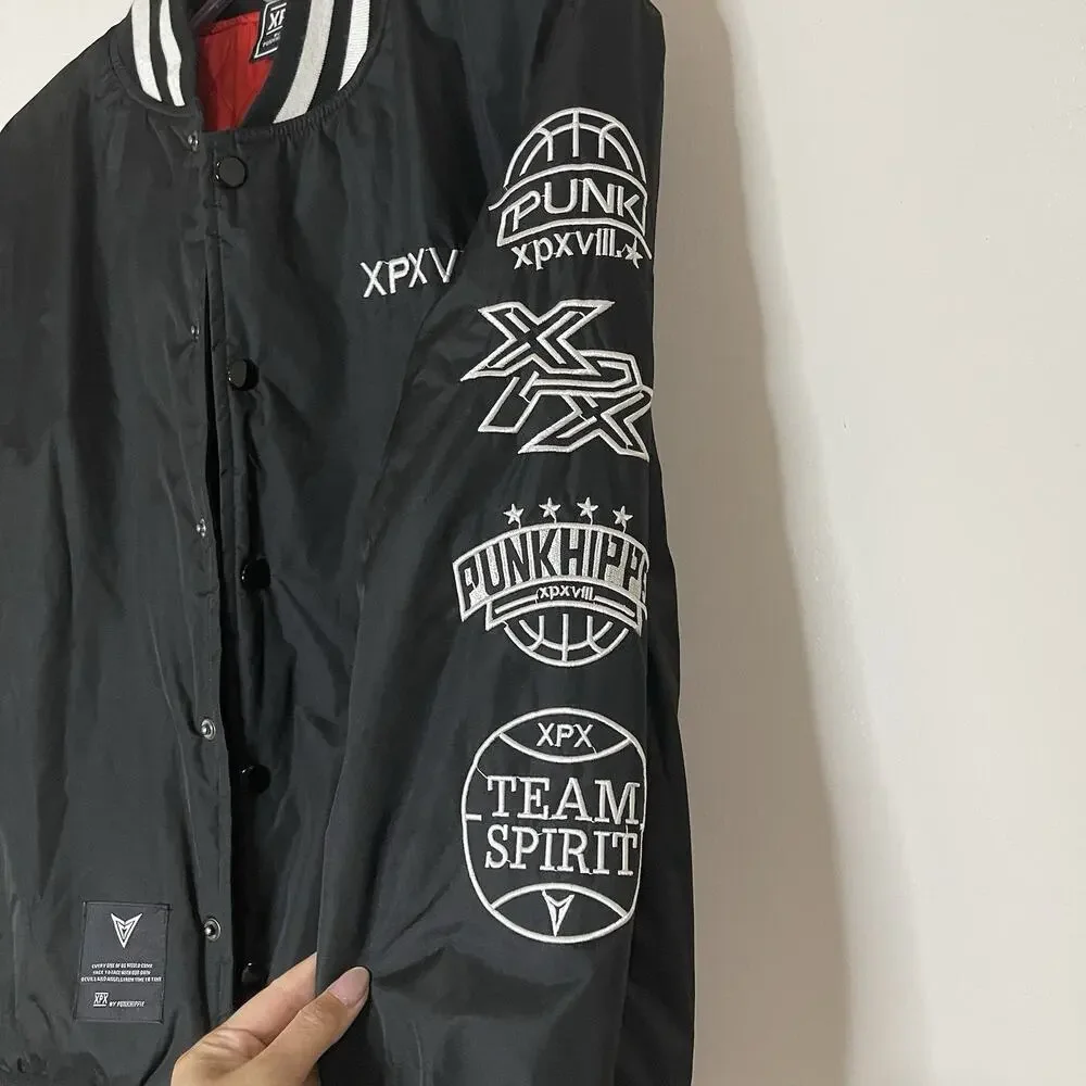 XPX Punkhippie black snap bomber varsity patchwork jacket size medium